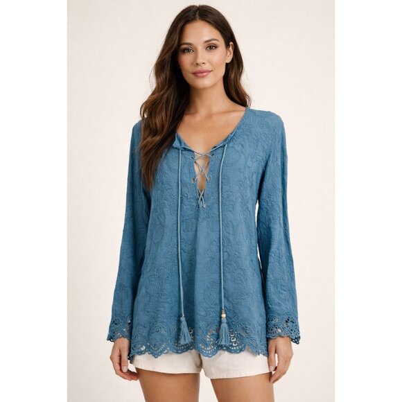 Boutique Tops - Blue Lace Up Embroidered Crochet Trim Tassel Tunic Top| Coastal Grandma Boho S/M
